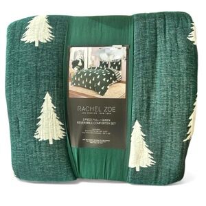 Rachel Zoe Green and White Trees Holiday Queen Reversible Comforter Set 90”x92”
